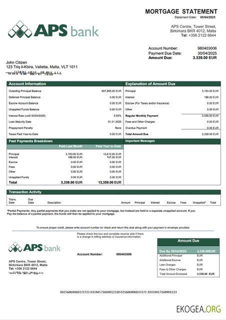 Modèle Word et PDF de relevé hypothécaire de Malte APS Bank PLC